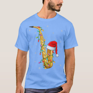 Camiseta Saxofone Music Xmas Lighting Santa Hat Saxofone