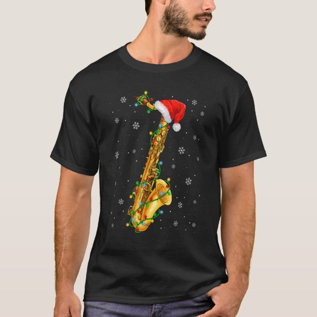 Camiseta Saxofone Music Xmas Lights Santa Hat Christma (Frente)