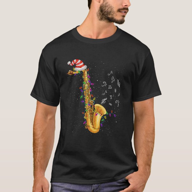 Camiseta Saxofone Natal Santa Hat Luz Música Engraçada X (Frente)