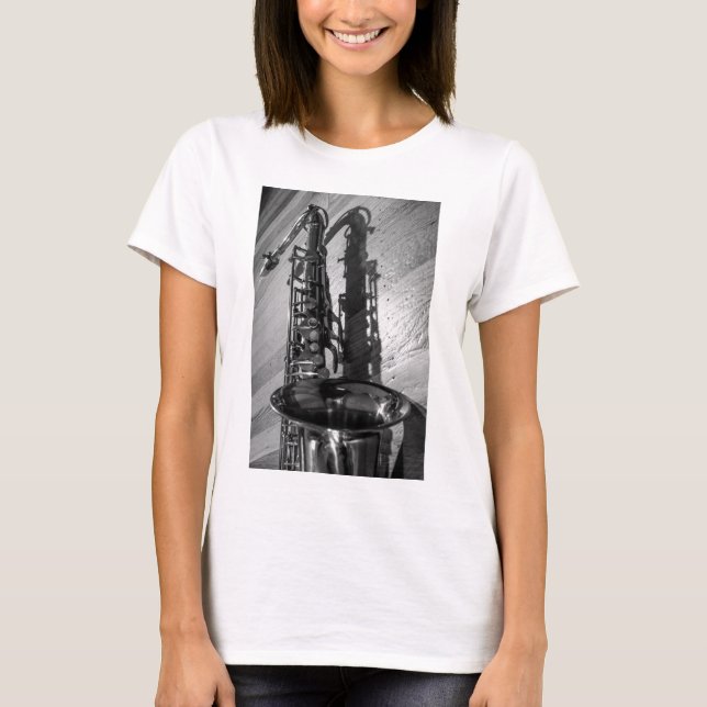 Camiseta Saxofone preto e branco tenor (Frente)