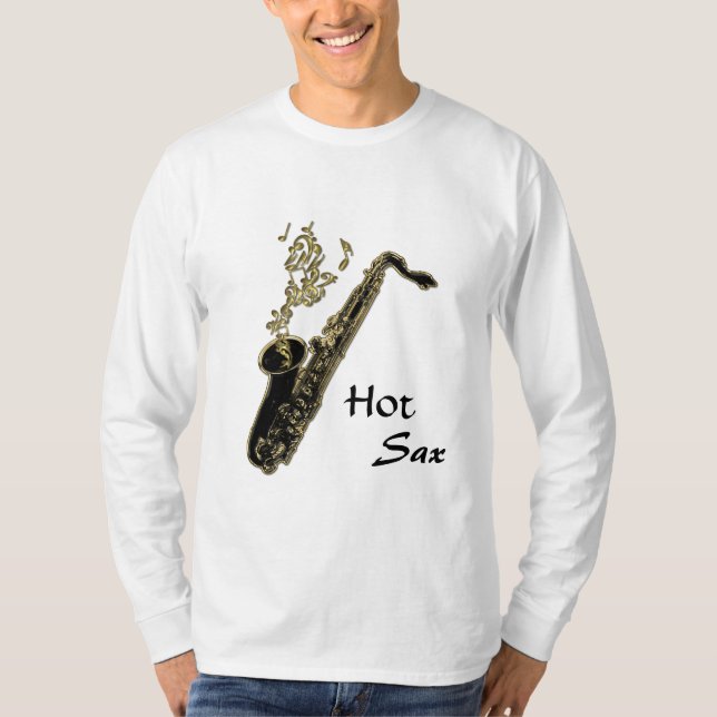 Camiseta Saxofone quente! Notas musicais Dourados e (Frente)