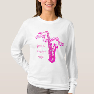 Camiseta Saxofone Rosa & Notas Tocam uma Melodia Para a vid
