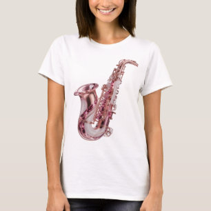 Camiseta Saxofone Rosa Prata Ousado Design Personalizado