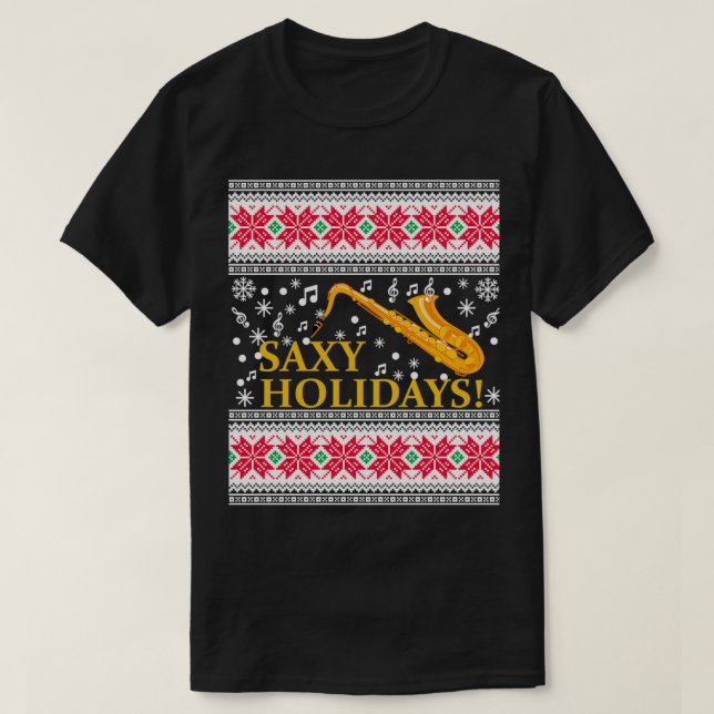 Camiseta Saxofone Ugly Christmas Sweater Marching Sax Banda (Frente do Design)