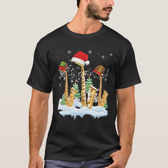 Camiseta Saxophone Jazz Santa Hat Christmas Tree Musician S (Frente)