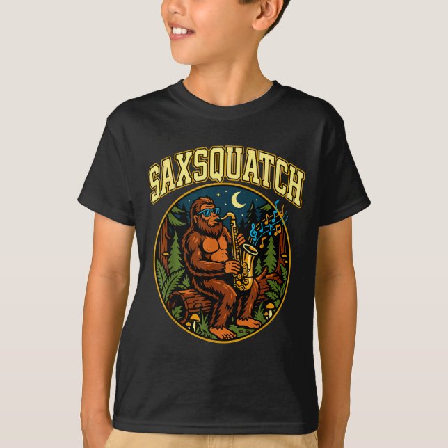 Camiseta Saxsquatch Bigfoot Saxophone Player Jazz Music Hum (Frente)