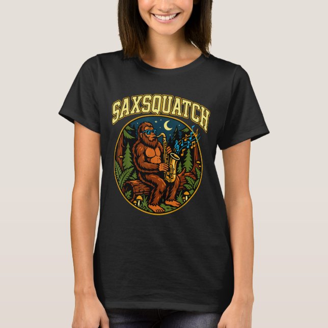 Camiseta Saxsquatch Bigfoot Saxophone Player Jazz Music Hum (Frente)