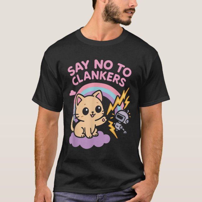 Camiseta Say No To Clankers Anti Ai Robots Cute Kitten Rain (Frente)