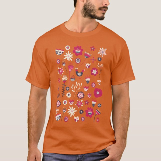 Camiseta Scandinávia Folk Birds and Flowers tem graça (Frente)
