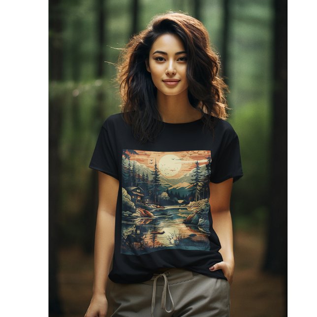 Camiseta Scandinávia Retro Art Mountain Home (Criador carregado)