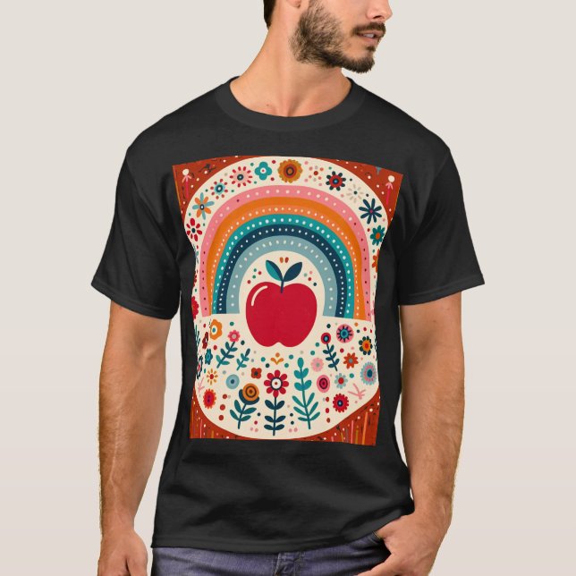 Camiseta Scandinavian Folk Art Red Apple and Rainbow family (Frente)