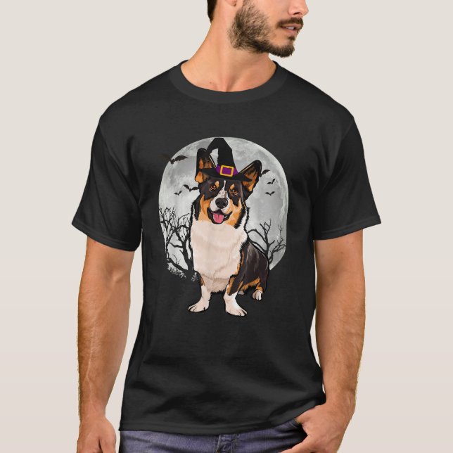 Camiseta Scary Cardigan Welsh Corgi Dog Witch Hat Halloween (Frente)