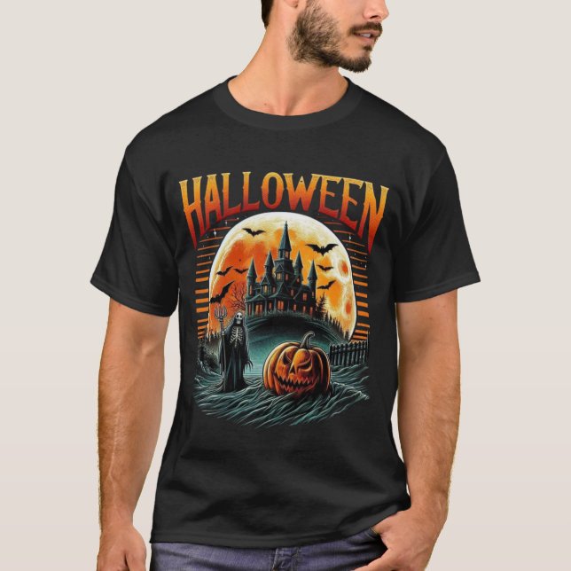 Camiseta Scary Moonlit Haunted Castle Grim Reaper Halloween (Frente)