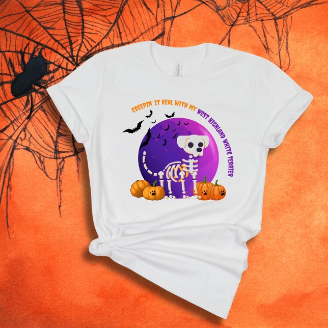 Camiseta Scary West Highland White Terrier Halloween (Spooky Halloween t-shirt with a dog skeleton, full moon, pumpkins, bats, and your favorite dog breed)