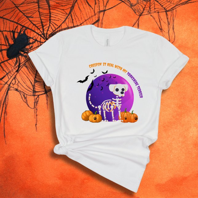 Camiseta Scary Yorkshire Terrier Halloween Full Moon TSirt (Spooky Halloween t-shirt with a dog skeleton, full moon, pumpkins, bats, and your favorite dog breed)