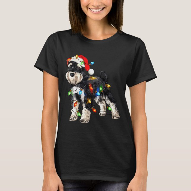 Camiseta Schnauzer Christmas Dog Christmas Lights Santa Hat (Frente)