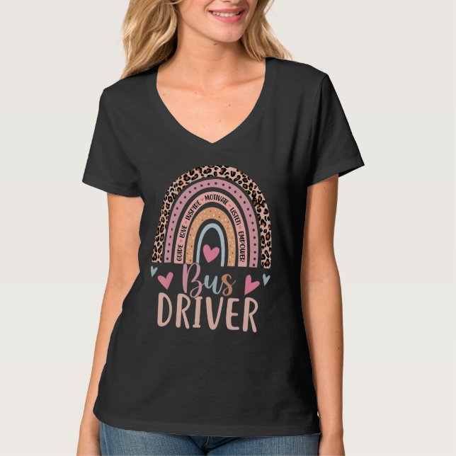 Camiseta School Bus Driver Rainbow Leopard Print  Bus Drive (Frente)
