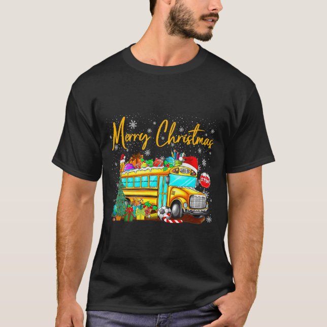 Camiseta School Bus Driver Santa Hat Merry Christmas Tree M (Frente)