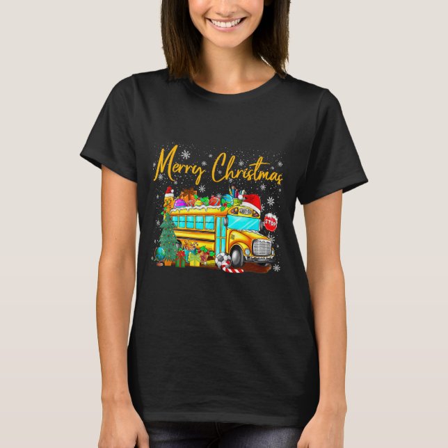 Camiseta School Bus Driver Santa Hat Merry Christmas Tree M (Frente)
