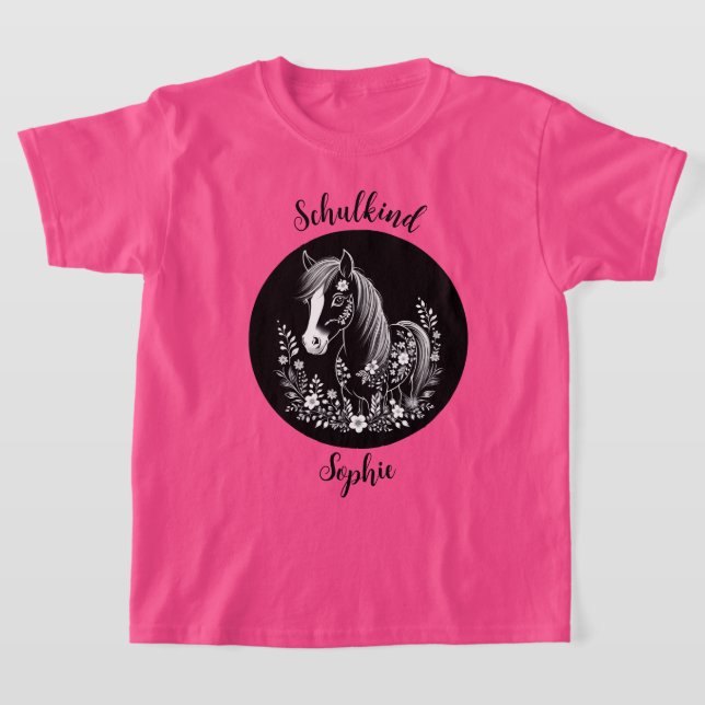 Camiseta Schulkind - Pony mit Blumen - schwarz weiß | (Postura )