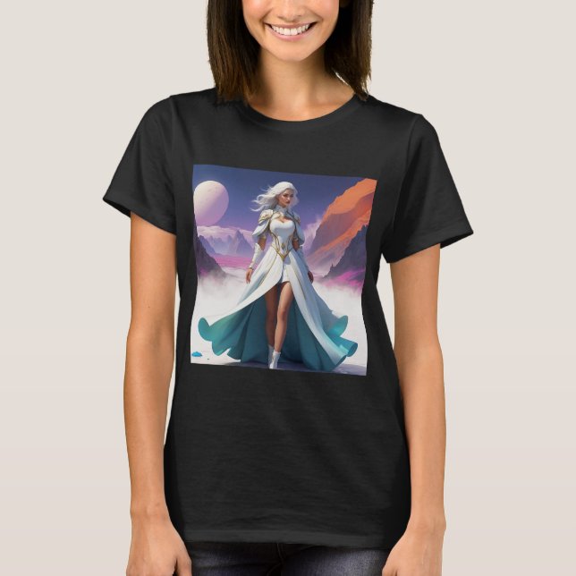 Camiseta Sci-Fi Fantasy Art | Heroína nas Paisagens Surreai (Frente)