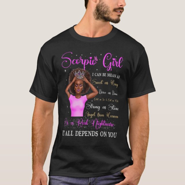 Camiseta Scorpio Girl Black Queen Zodiac Aniversário Afro (Frente)