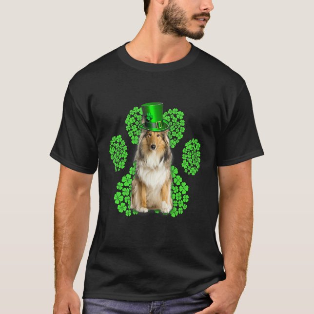 Camiseta Scotch Collie Shamrock Paw Clovers Rua Patrick S D (Frente)