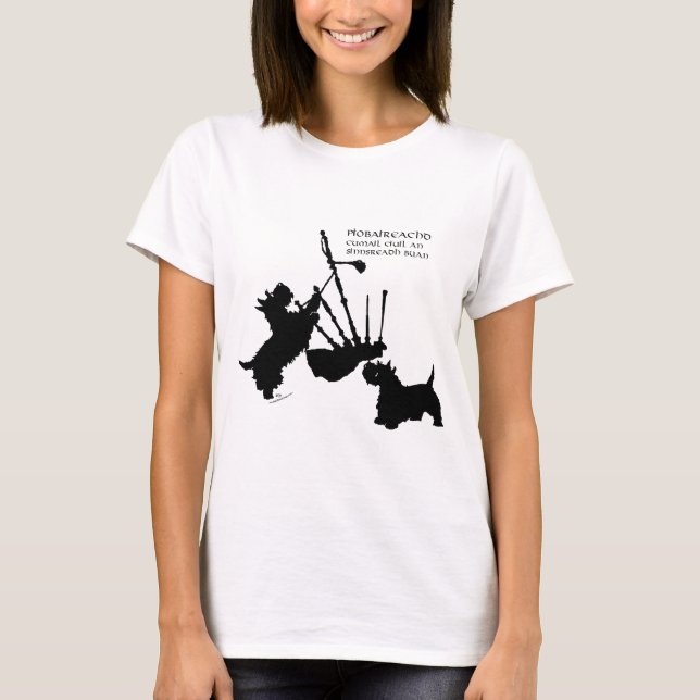Camiseta Scottish Terriers com Great Highland Bagpipe (Frente)