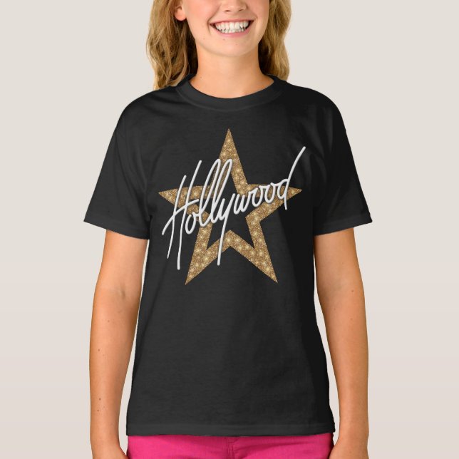 Camiseta Script de Mão Branca de Hollywood com Estrela (Frente)