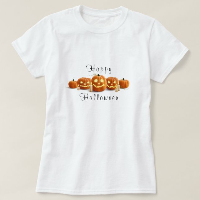 Camiseta Script "Feliz Halloween" Escreveu Velas de Pumpkin (Frente do Design)