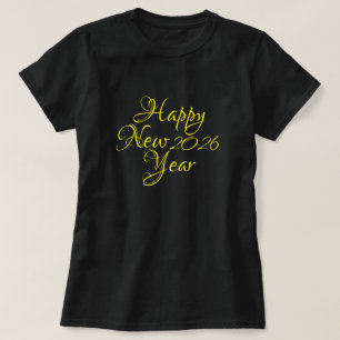 Camiseta Script Preto e Amarelo do feliz ano novo 2026