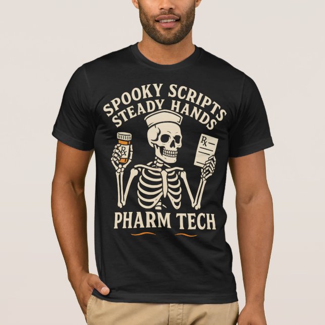Camiseta Scripts Spooky, Mãos Estacionárias — Esqueleto De  (Frente)