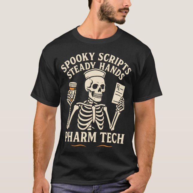 Camiseta Scripts Spooky, Mãos Estacionárias — Esqueleto De  (Frente)