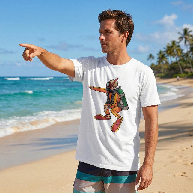 Camiseta Scuba Diver in Orange Wetsuit Pointing (Criador carregado)
