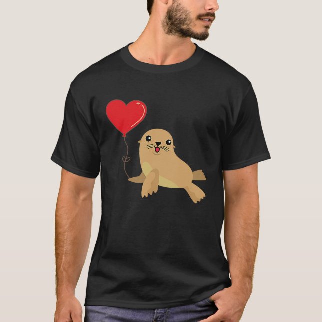Camiseta Sea Lion With Heart Balloon Valentines Day Love Bo (Frente)