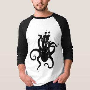 Camiseta Sea Monster Blue e Black Kraken com navio