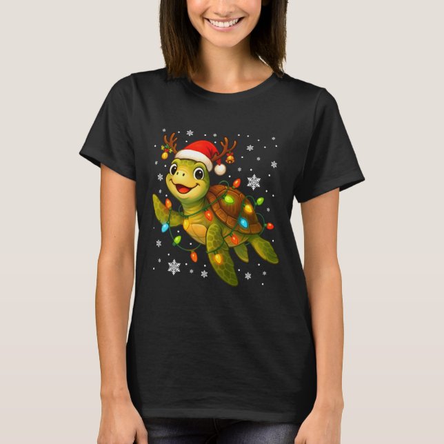 Camiseta Sea Turtle Christmas Lights Funny Santa Hat Merry  (Frente)