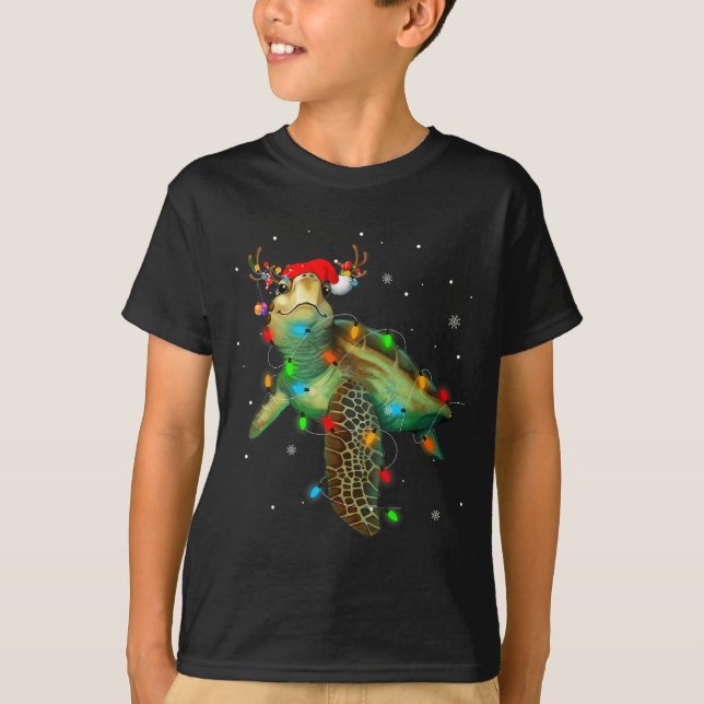 Camiseta Sea Turtle Christmas Lights Funny Santa Hat Merry  (Frente)