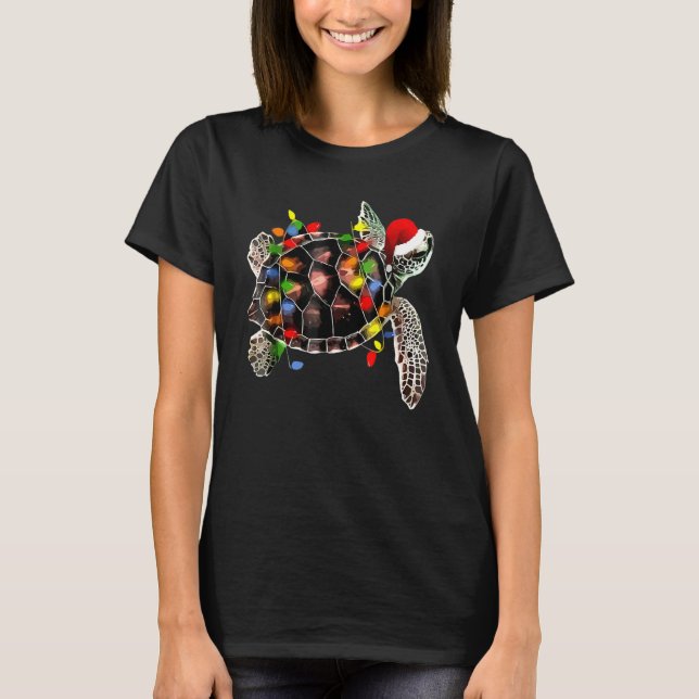 Camiseta Sea Turtle Christmas Lights Santa Hat Feliz Chris (Frente)