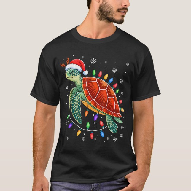 Camiseta Sea Turtle Christmas Lights Santa Hat Funny Xmas P (Frente)