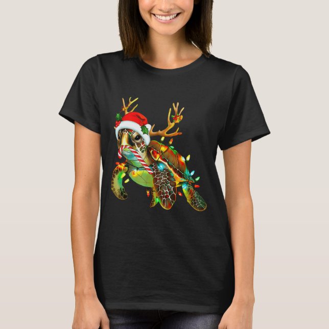 Camiseta Sea Turtle Christmas Lights Santa Hat Merry Christ (Frente)