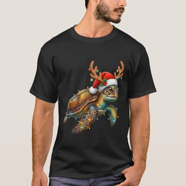 Camiseta Sea Turtle Christmas Lights Santa Hat Merry Christ (Frente)