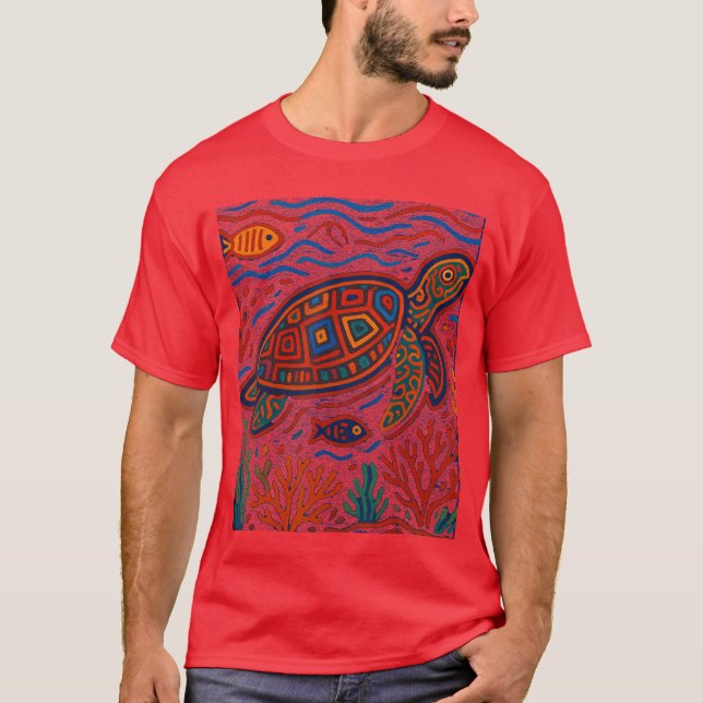 Camiseta Sea Turtle Inspired by Mola Artwork of Panama Kuna (Frente)