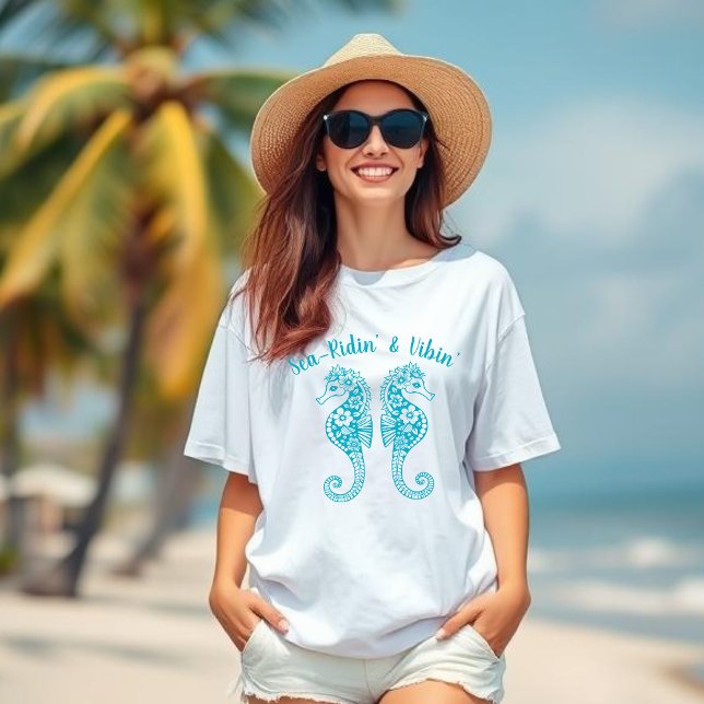 Camiseta Seacavalos-Pescador Core-Havaí Tropical-Azure (Sea Horse-Fisherman Core-Hawaiian-Tropical-Beach T shirt-Summer Trend-Azure Light Blue)