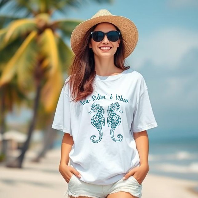 Camiseta Seacavalos-Pescador Core-Havaí Tropical-Teal (Sea Horse-Fisherman Core-Hawaiian-Tropical-Beach T shirt-Summer Trend-Teal)