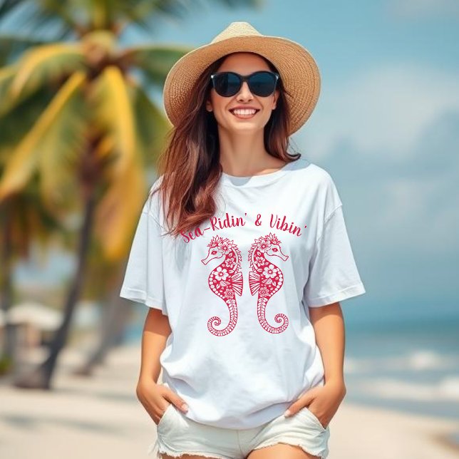 Camiseta Seacavalos-Pescador Core-Havaí Tropical-Vermelho (Sea Horse-Fisherman Core-Hawaiian-Tropical-Beach T shirt-Summer Trend-Cherry Red)