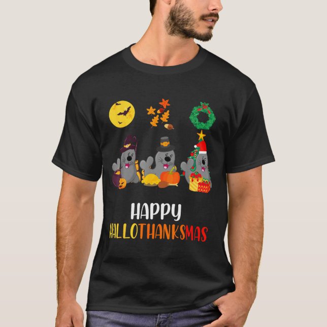 Camiseta Seal Thanksgiving Merry Christmas Happy Hallothank (Frente)
