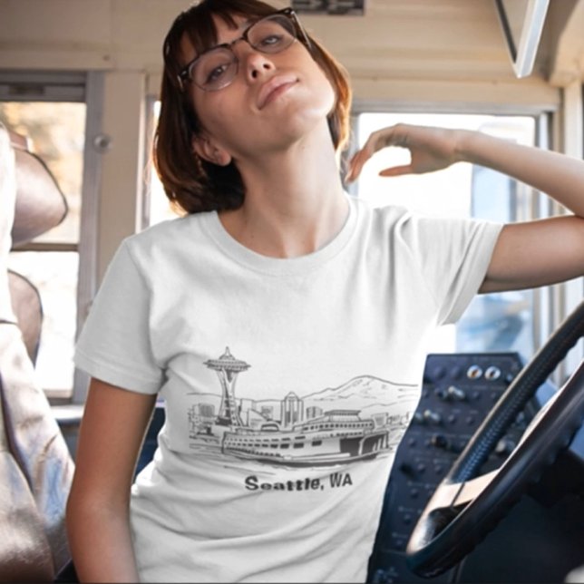 Camiseta Seattle Ferry & Skyline Line Art Washington (Seattle Ferry Washington State Line Art Women T-Shirt, travel, space needle, white shirt, travel)