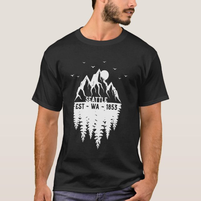 Camiseta Seattle Washington Fundada em 1853 Montanhas Árvor (Frente)