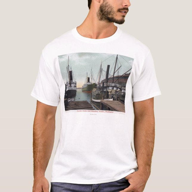Camiseta Seattle, WashingtonView da doca e dos navios (Frente)